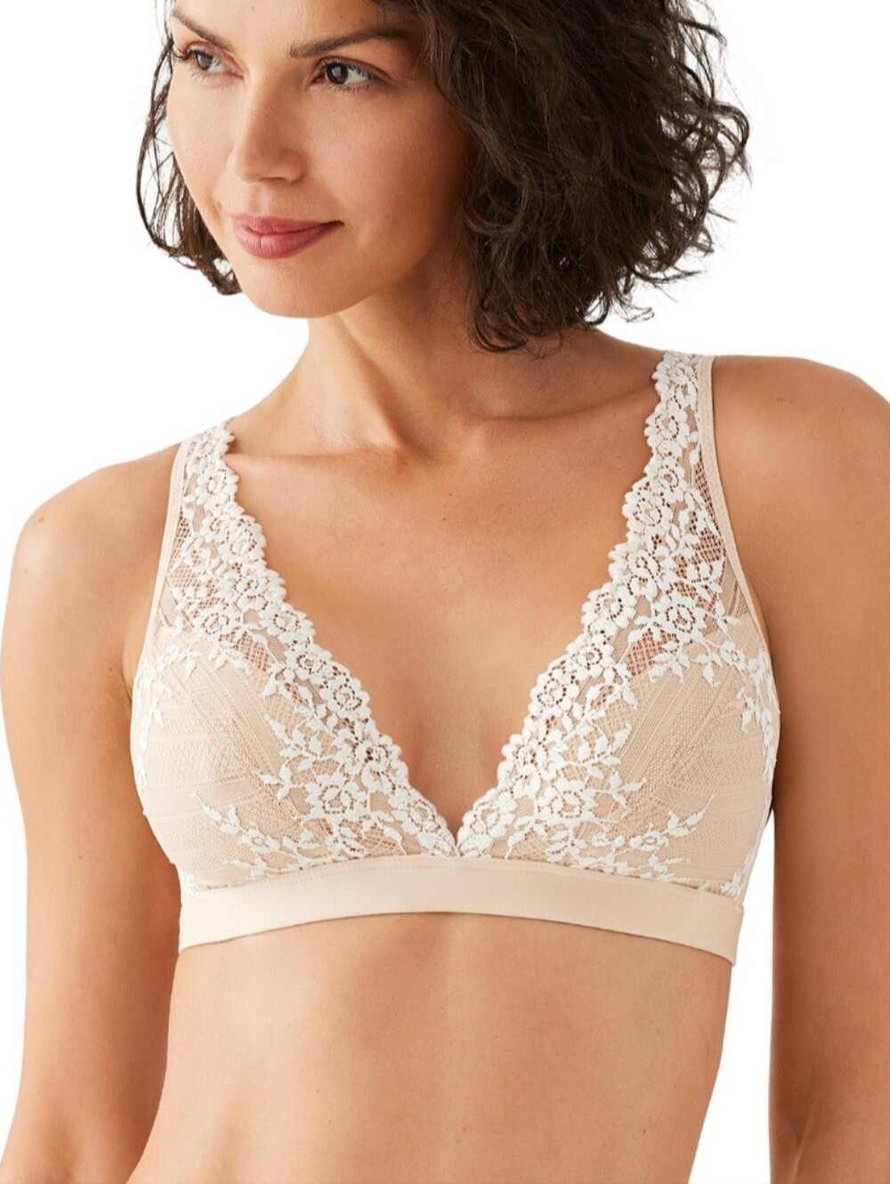 NWOT WACOAL Embrace Lace Wirefree Triangle Bra 34 Sand/Ivory Neutral Comfortable